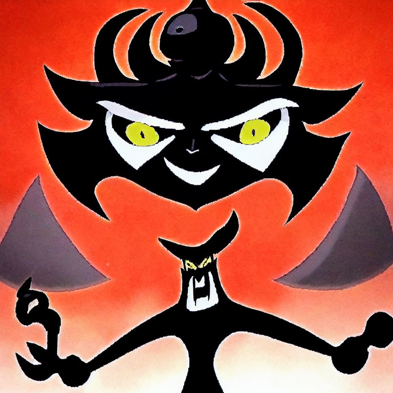 Stylized cartoon image of ominous character with yellow eyes and mischievous grin