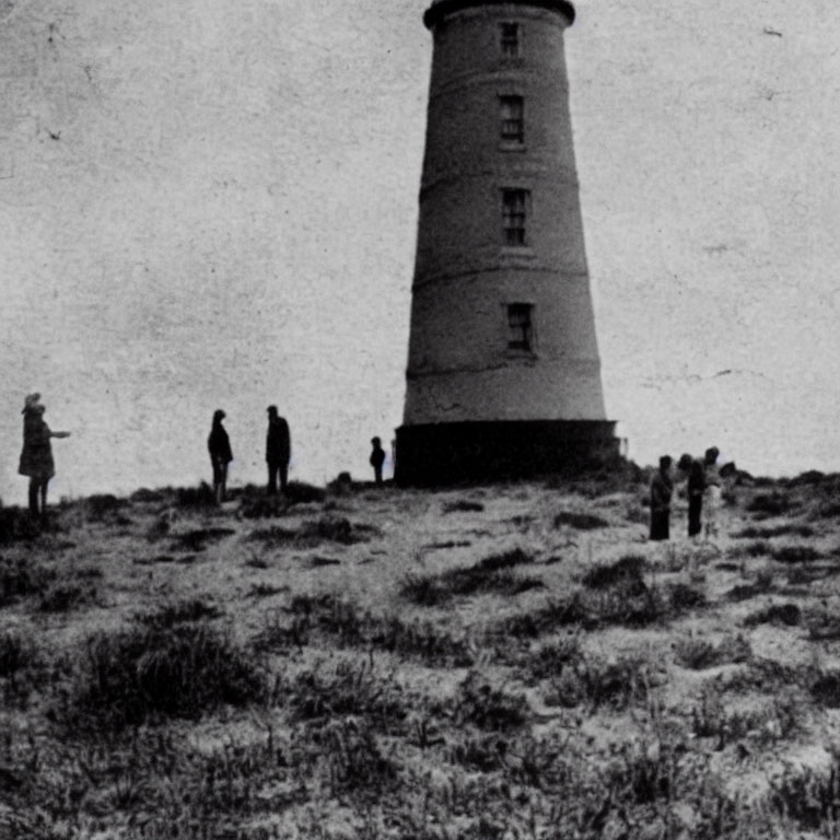 Vintage Black and White Photo: People by Lighthouse in Field