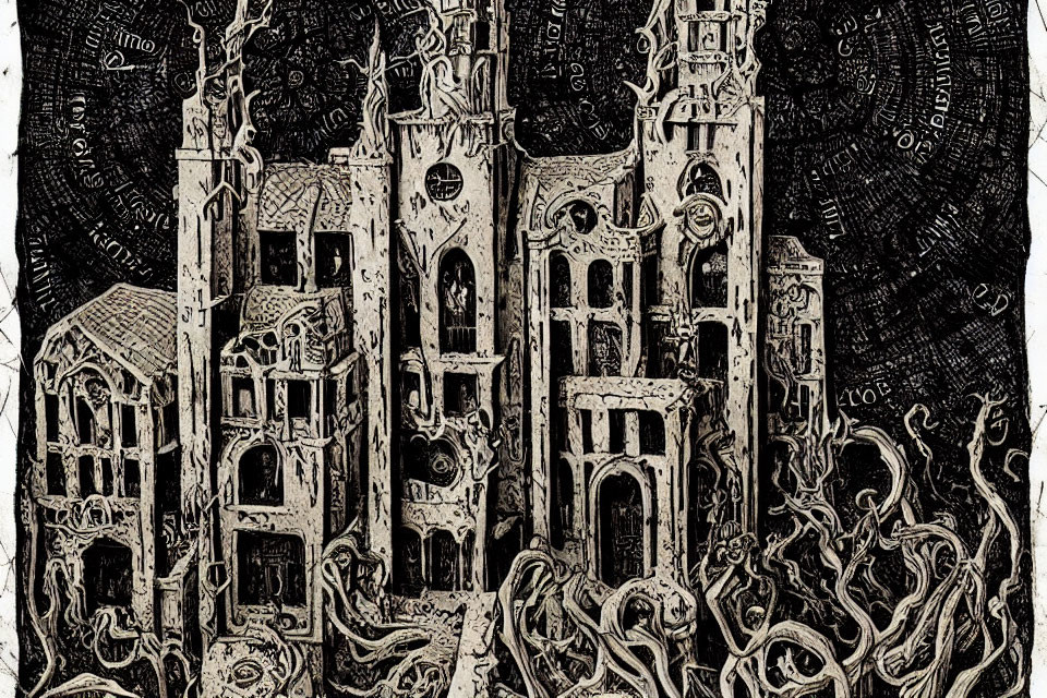 Detailed surreal gothic cityscape with tentacles in black and white