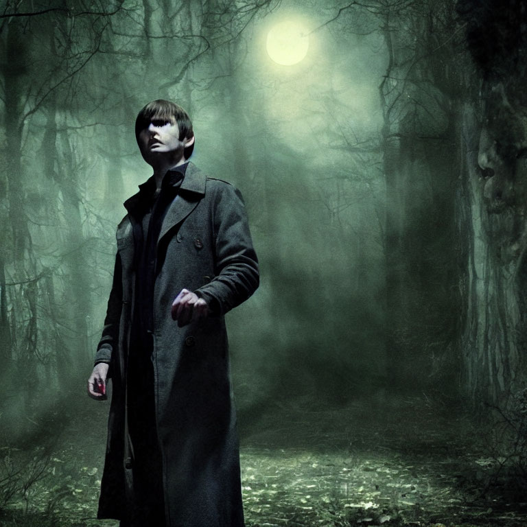 Person in dark coat in misty, eerie forest under dim glowing moon