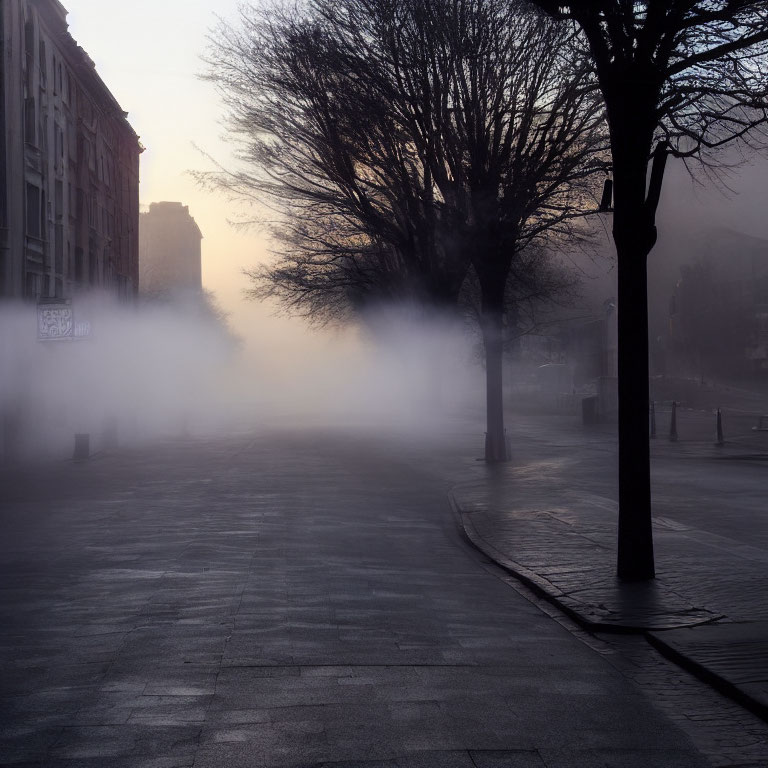 Misty Dawn Street Scene with Silhouetted Trees and Buildings