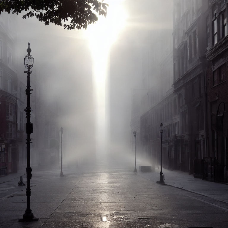 Urban street scene with sunlight filtering through dense fog