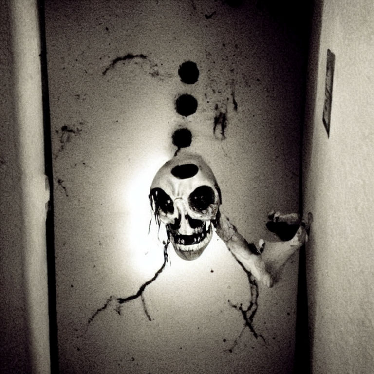 Sinister skull emerging from cracked wall with dark stains