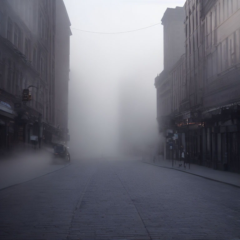 Foggy urban street scene with dimly lit buildings and lone car