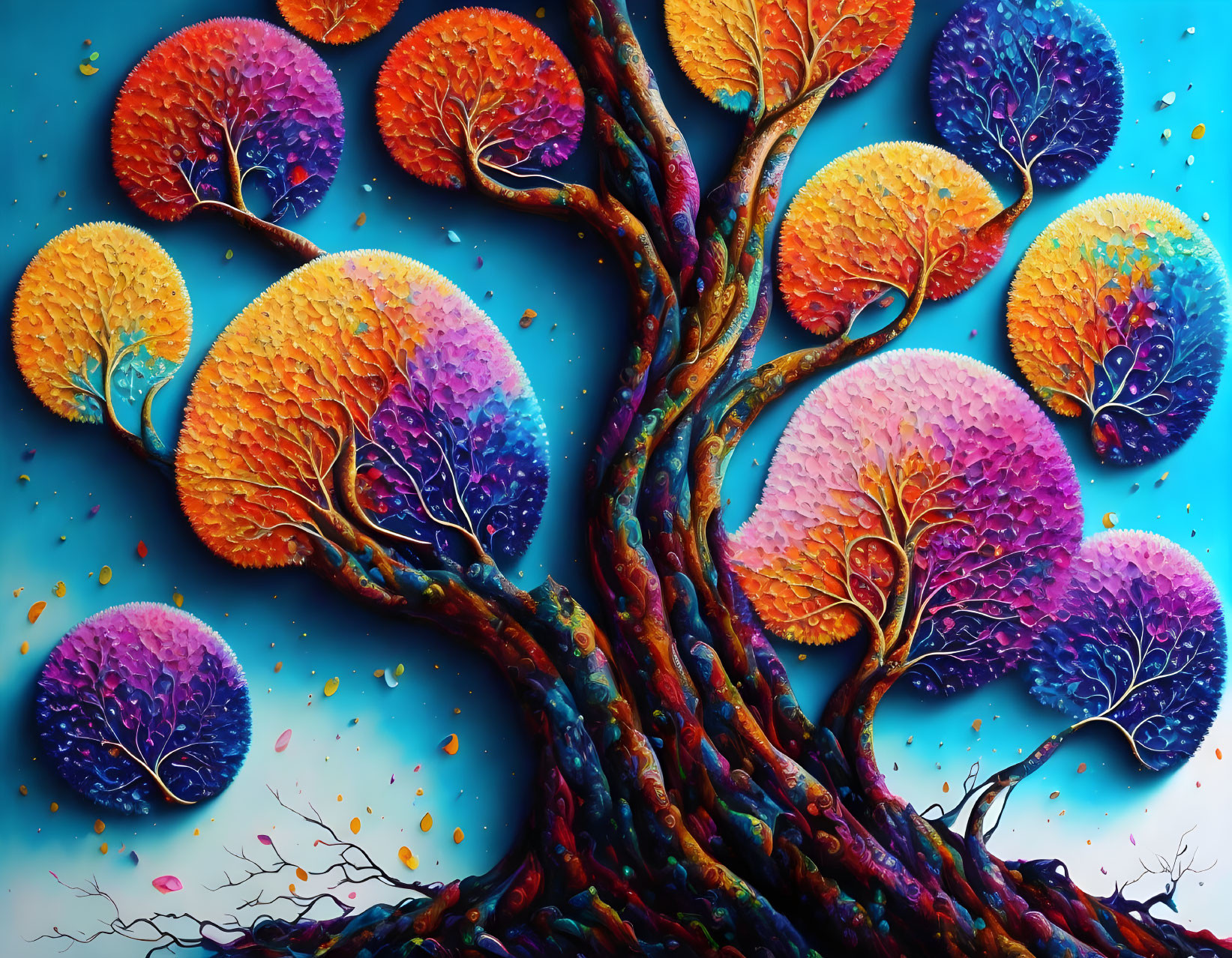 Colorful surreal tree painting on bright blue background