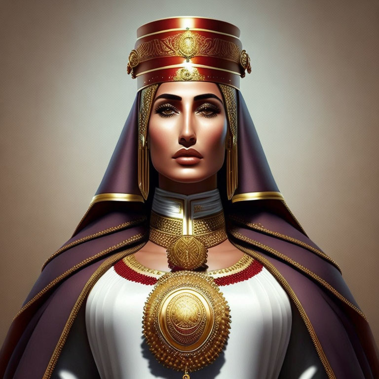 Regal woman with golden headdress and purple cloak