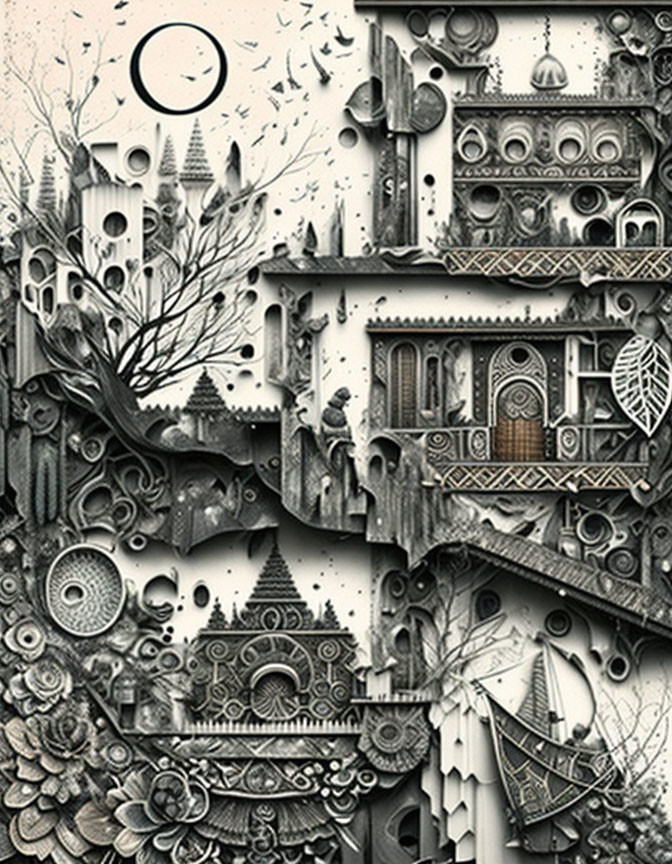 Detailed Monochrome Fantasy Architecture Illustration