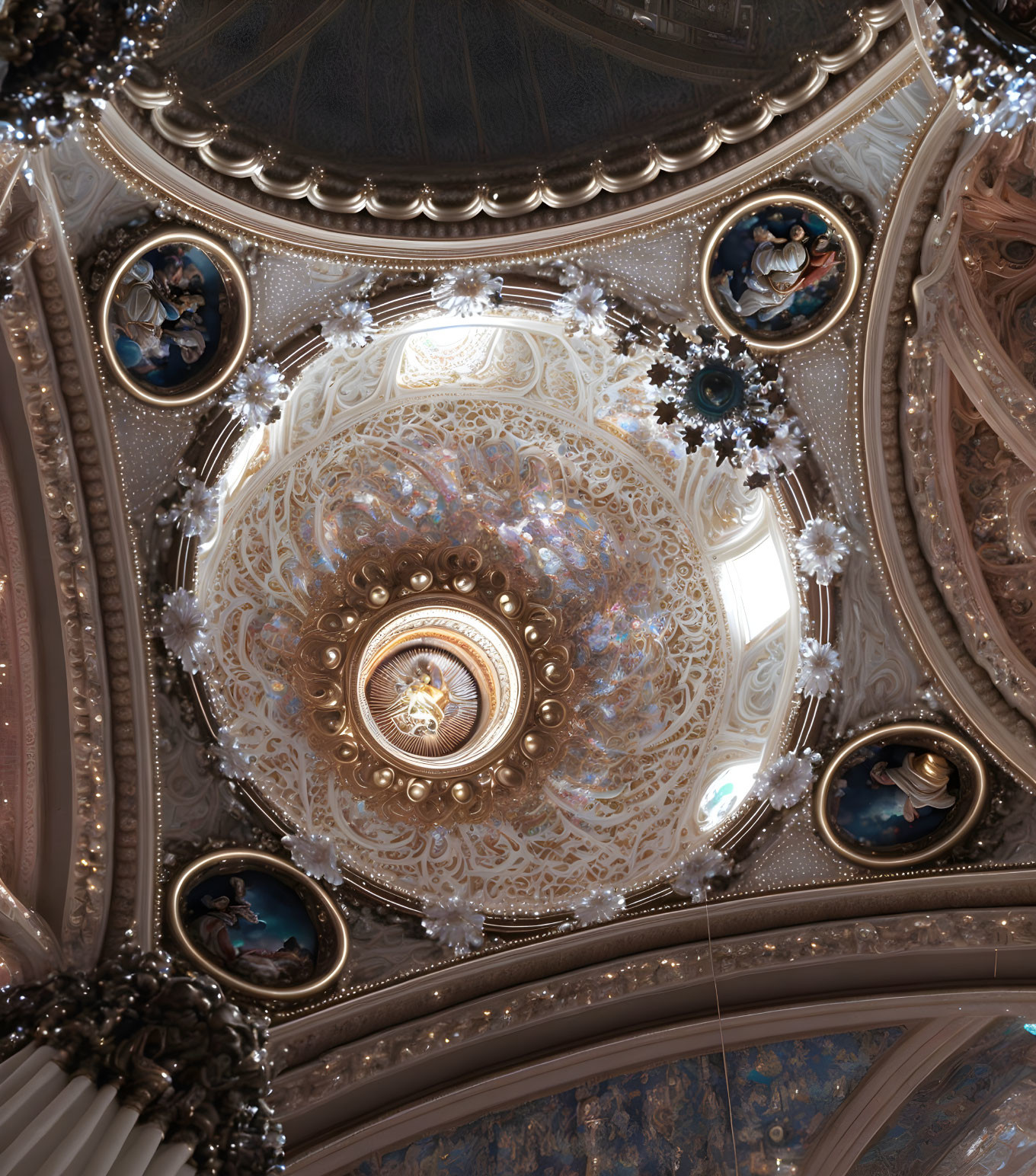 Elaborate Moldings and Frescoes in Ornate Ceiling