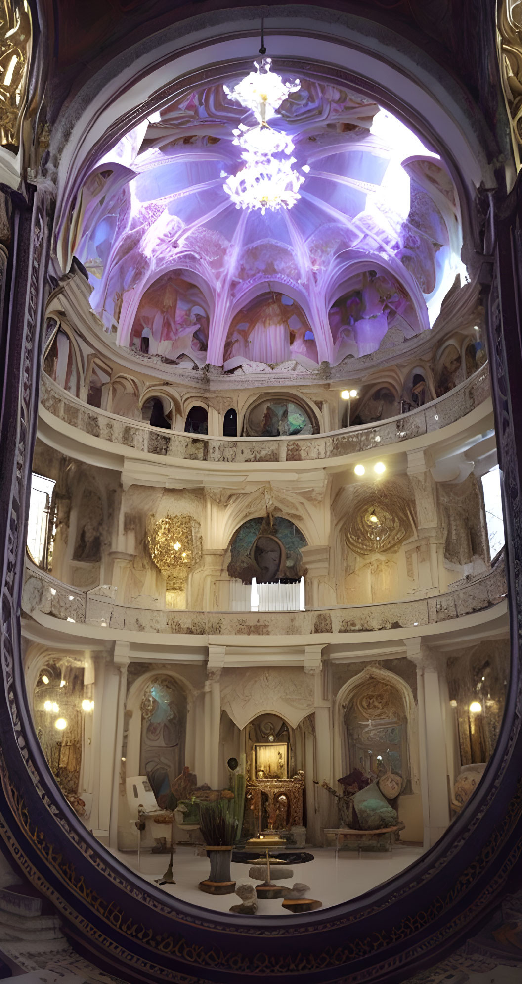 Ornate Baroque room with chandelier, vintage furniture, and pink lighting