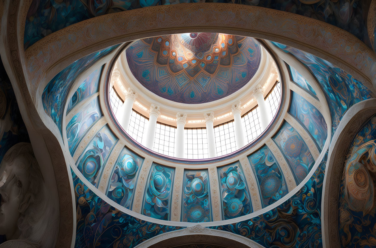 Intricate Blue and Gold Dome Interior with Skylights and Sculpture