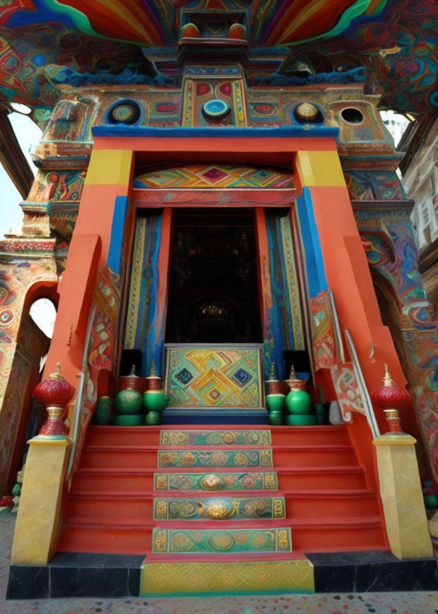 Colorful Temple Entrance with Red Steps and Decorative Motifs