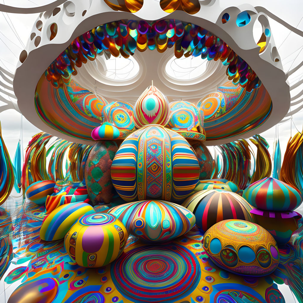 Colorful Abstract Interior with Psychedelic Patterns on Egg-like Structures