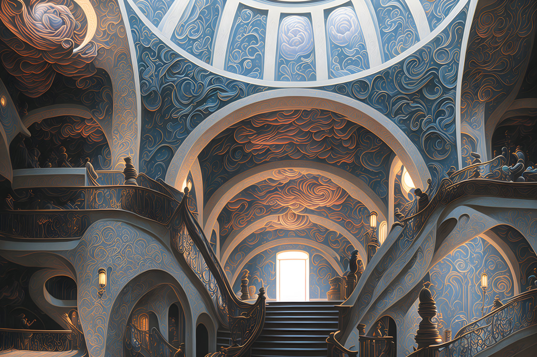 Opulent baroque staircase with blue patterns and grand chandelier