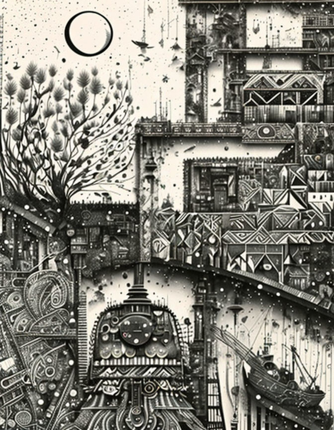 Detailed black and white whimsical illustration of fantastical scenery with trees, buildings, train, boats,