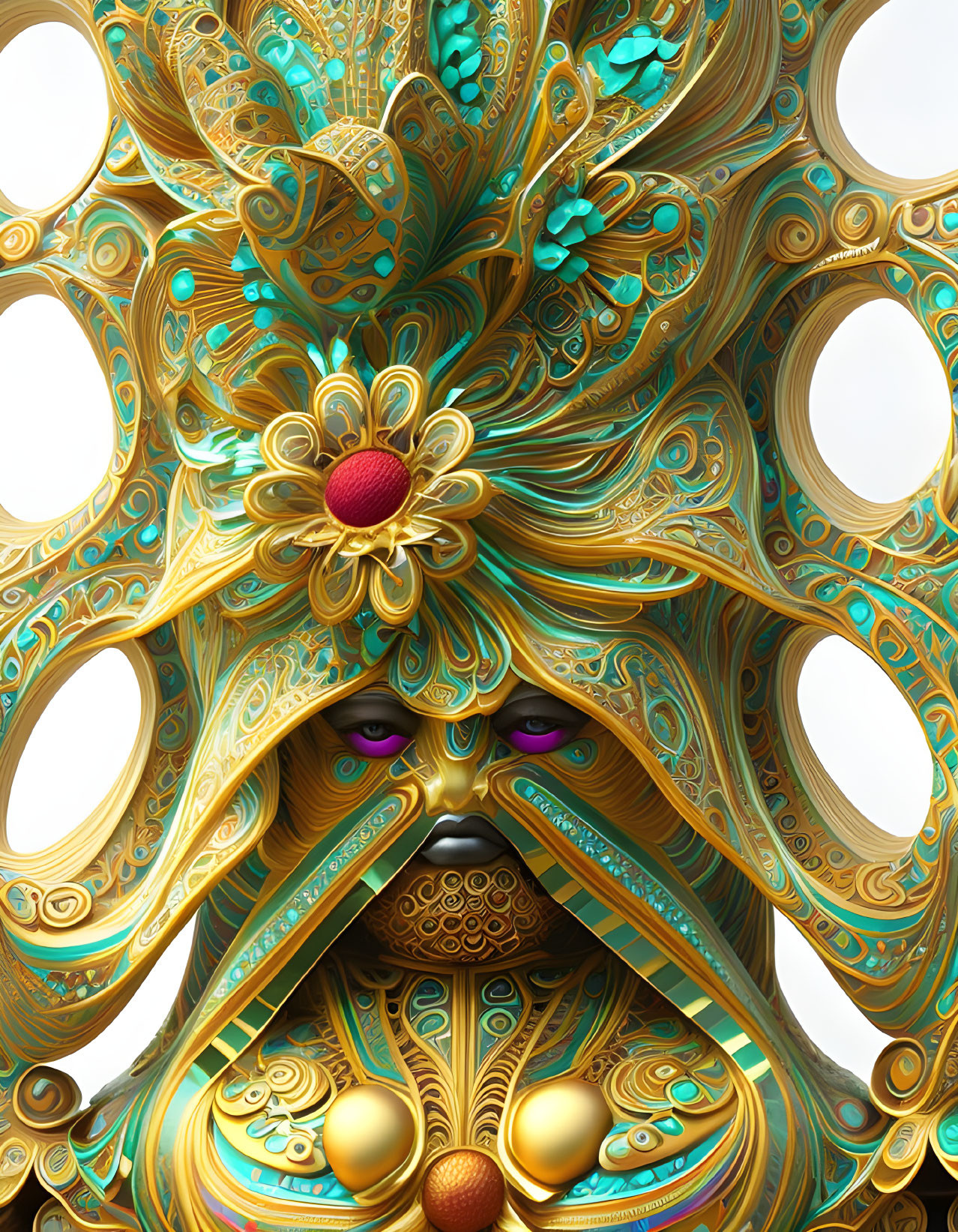 Golden Fractal Mask with Turquoise Accents on White Background