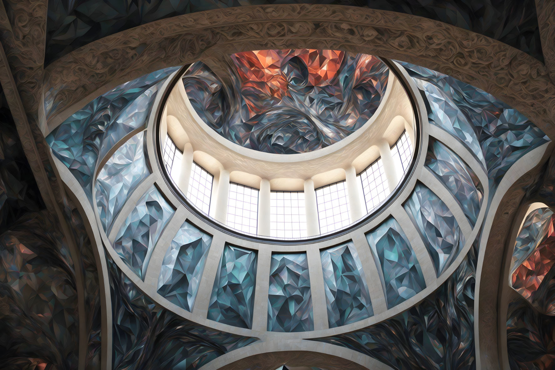 Geometric pattern dome ceiling with stained glass windows and soft light.