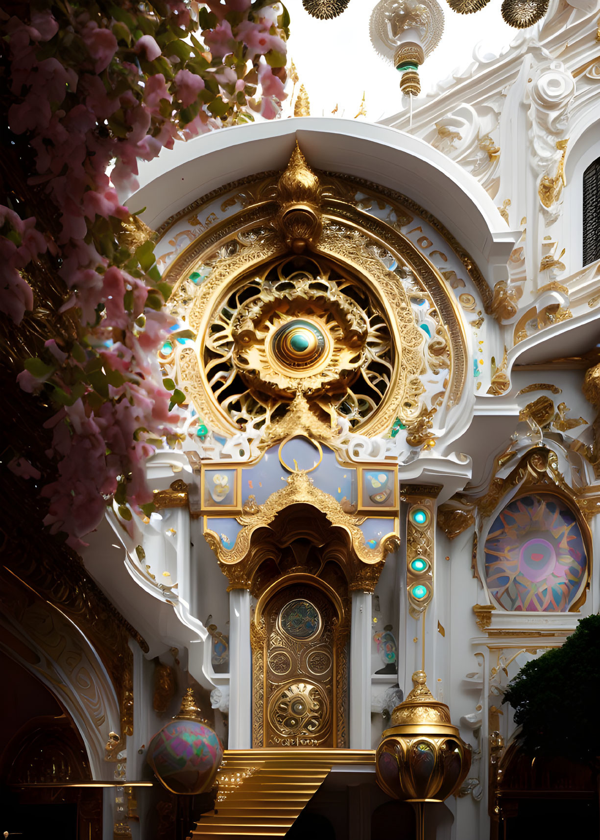 Luxurious interior with grand staircase, golden decor, white arches, and pink blossoms under warm