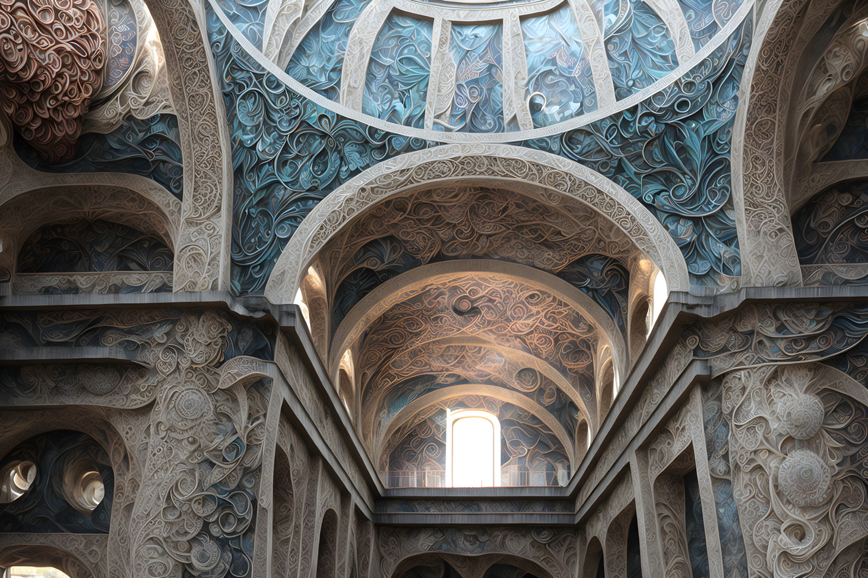 Ornate spiral design on vaulted ceiling with natural light in grand interior