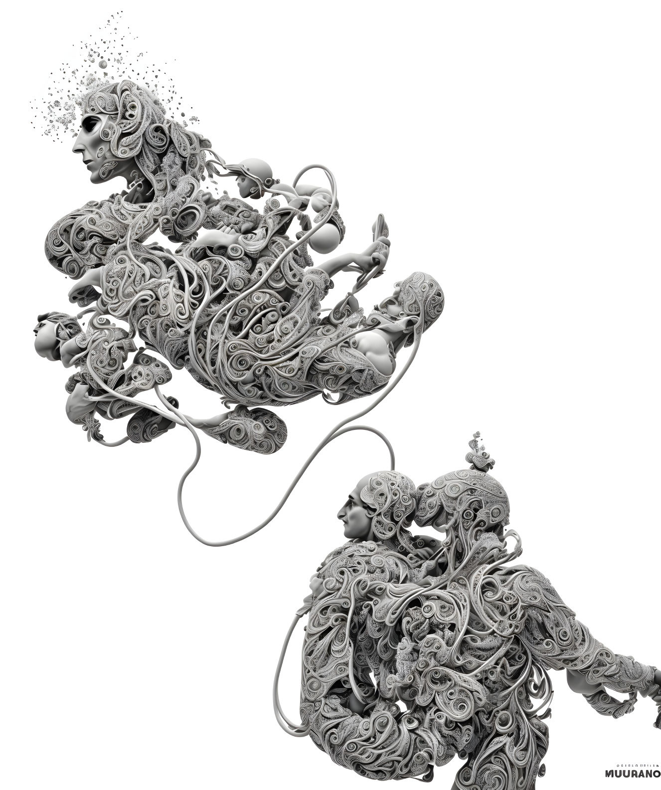 Detailed monochrome artwork of surreal figures connected by swirling motifs, one figure disintegrating.