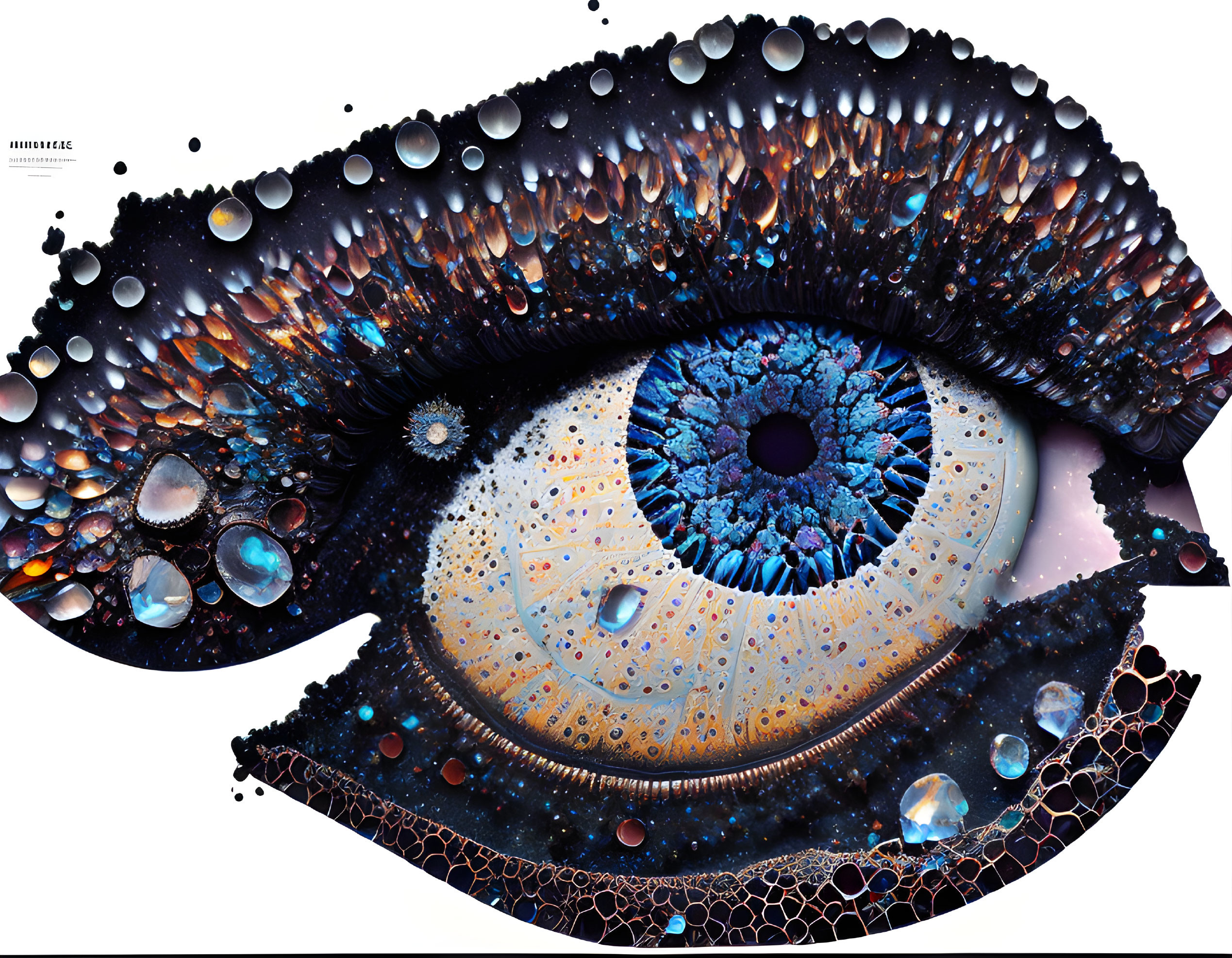 Colorful surreal eye illustration with intricate patterns and cosmic water droplet effects