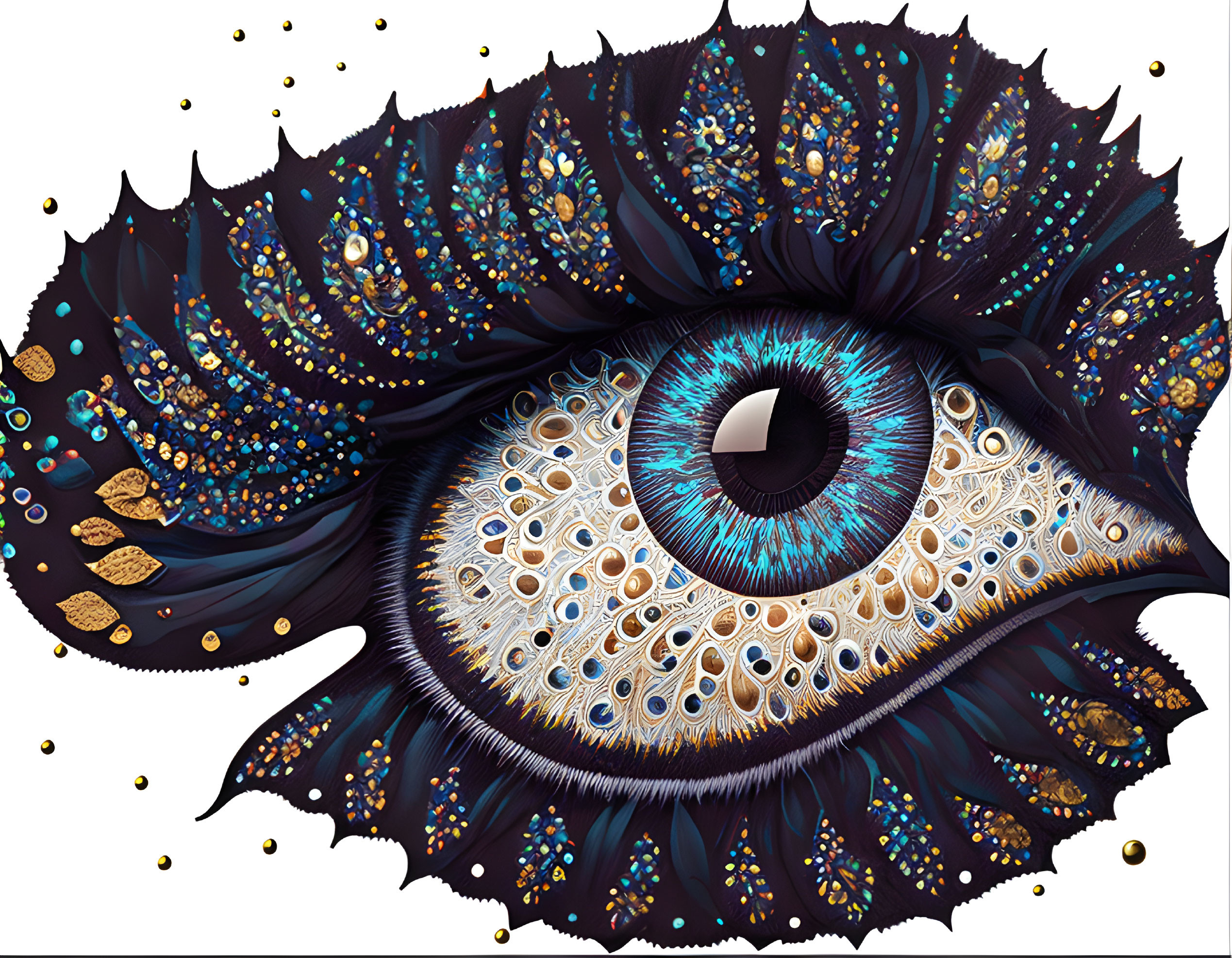 Detailed eye illustration with peacock feather eyelashes in gold and blue on black.