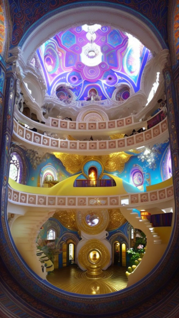 Luxurious interior with gold accents, blue and purple hues, intricate patterns, and domes.