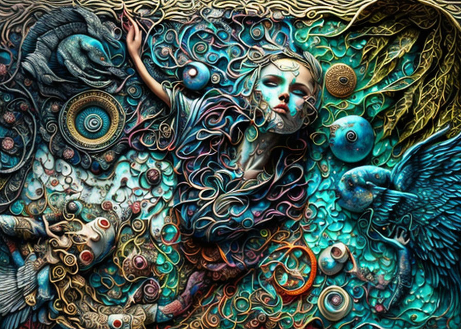 Colorful Surreal Artwork: Woman's Face in Organic Patterns & Abstract Shapes