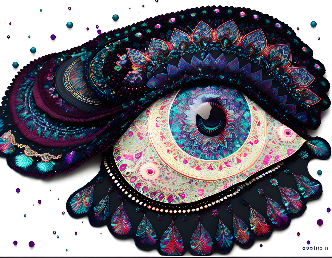 Colorful Peacock Feather Eye Artwork on Black Background