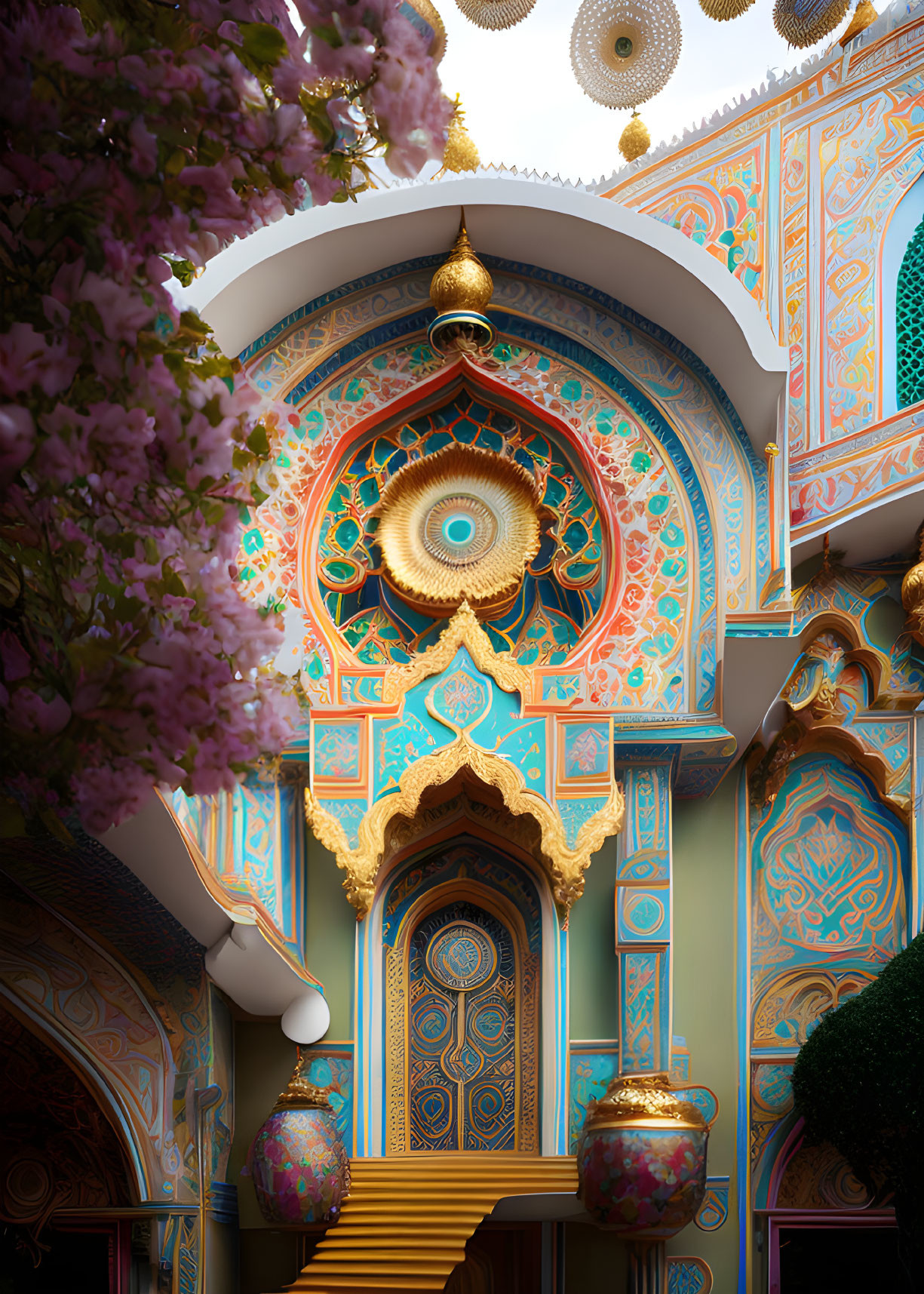 Intricate blue and gold patterned building facade with archways and hanging golden ornaments, framed by