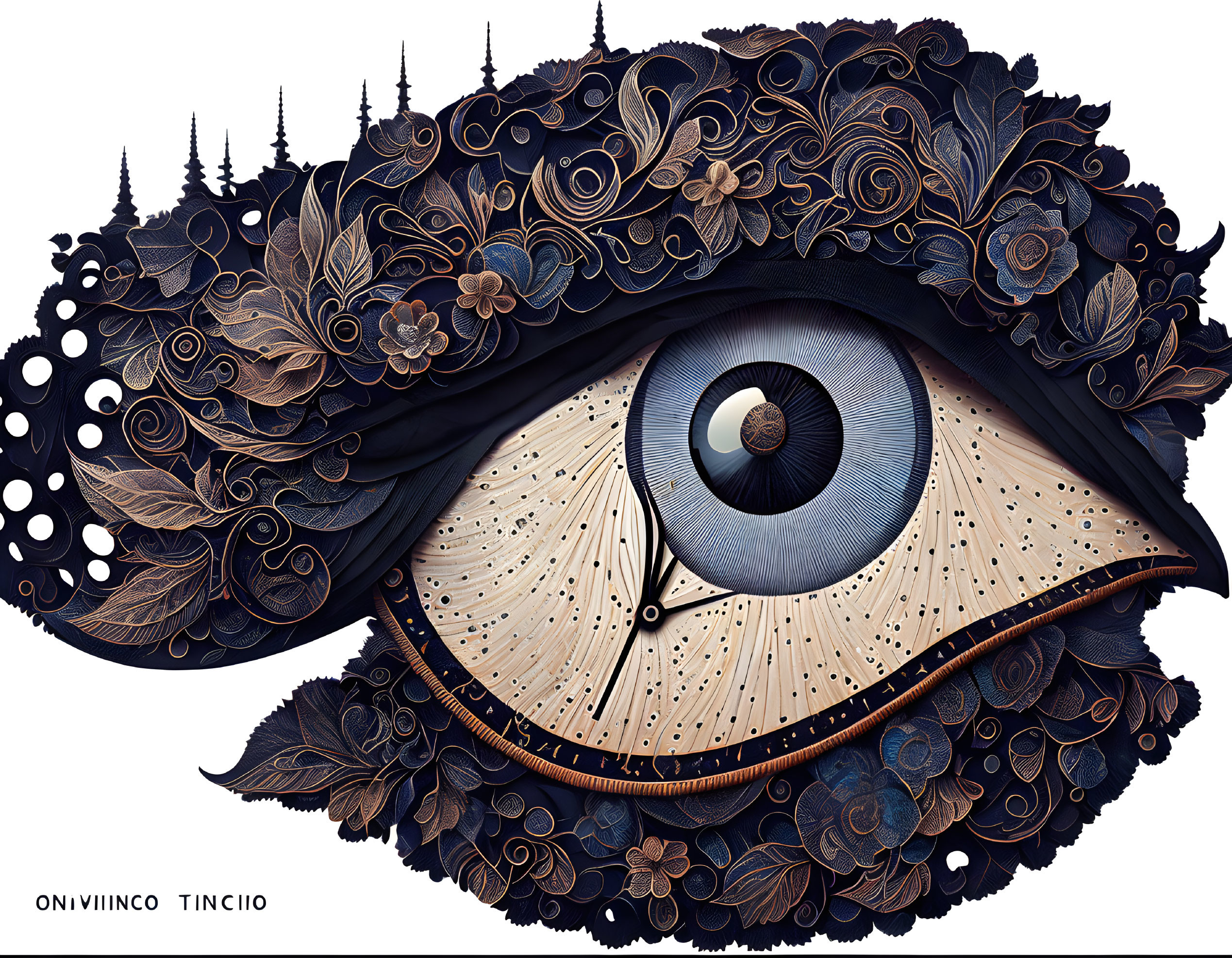 Detailed eye illustration with floral and clockwork motifs in dark tones