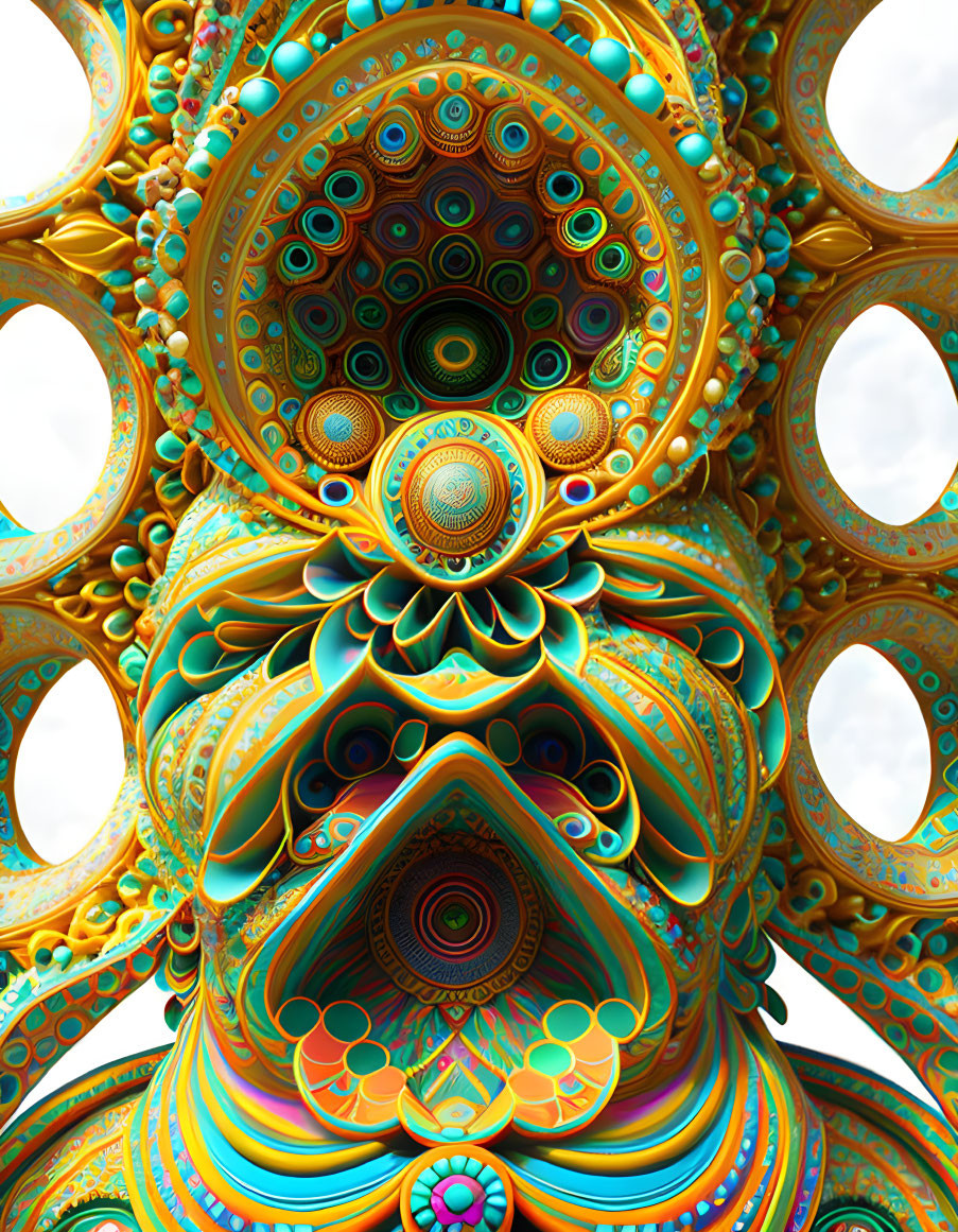 Colorful fractal art: teal, orange, and gold patterns, circular and swirling designs.