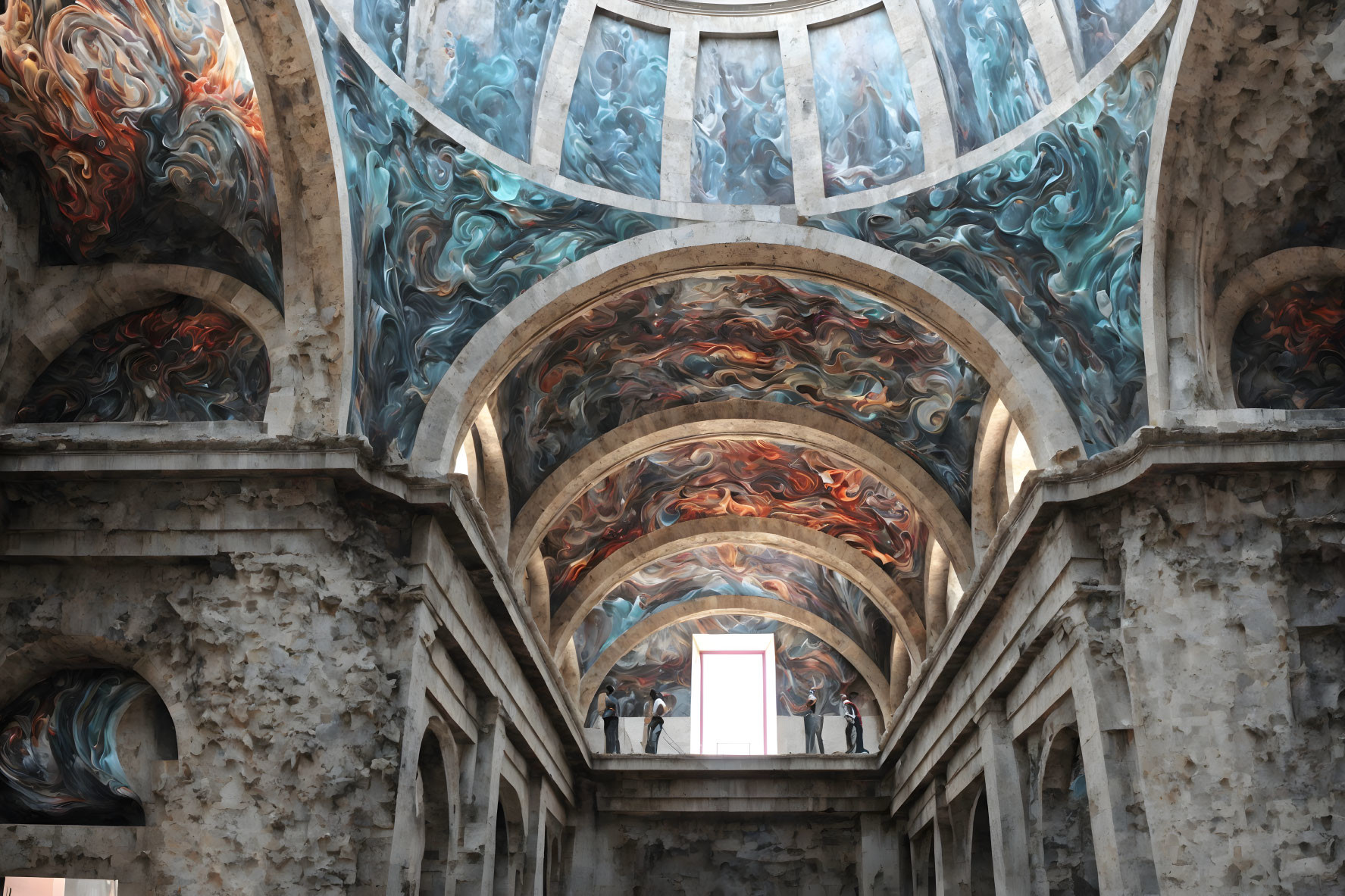 Intricate Baroque-style dome with frescoes and balcony view