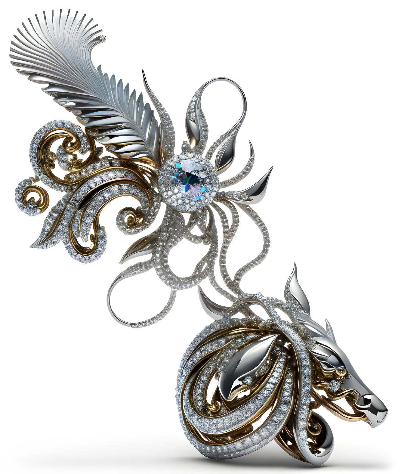 Intricate Fantasy-Inspired Metallic Brooch with Gemstone & Wing Elements