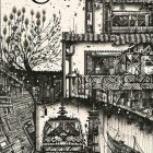 Detailed black and white whimsical illustration of fantastical scenery with trees, buildings, train, boats,