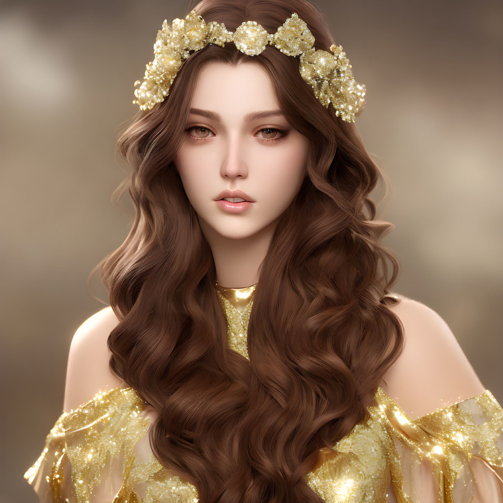 Digital portrait of woman with long brown hair and gold floral headpiece in off-shoulder dress