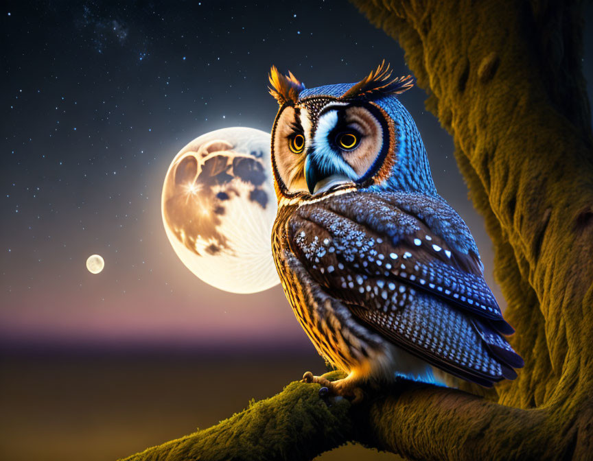 Nocturnal owl on branch under full moon