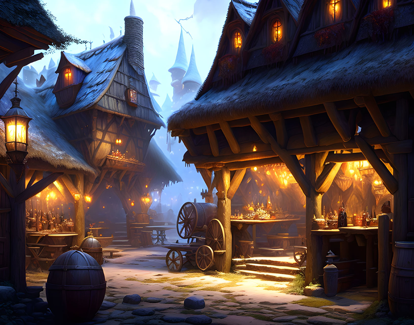 Medieval village at dusk with lantern-lit thatched roofs & snowy mountain.