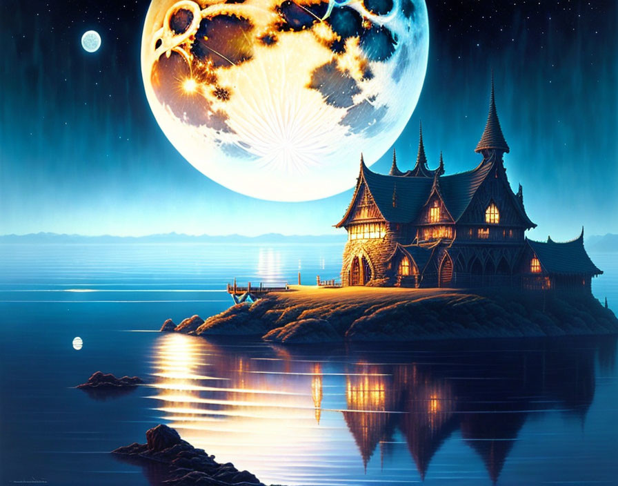 Majestic castle on island under large moon in tranquil landscape