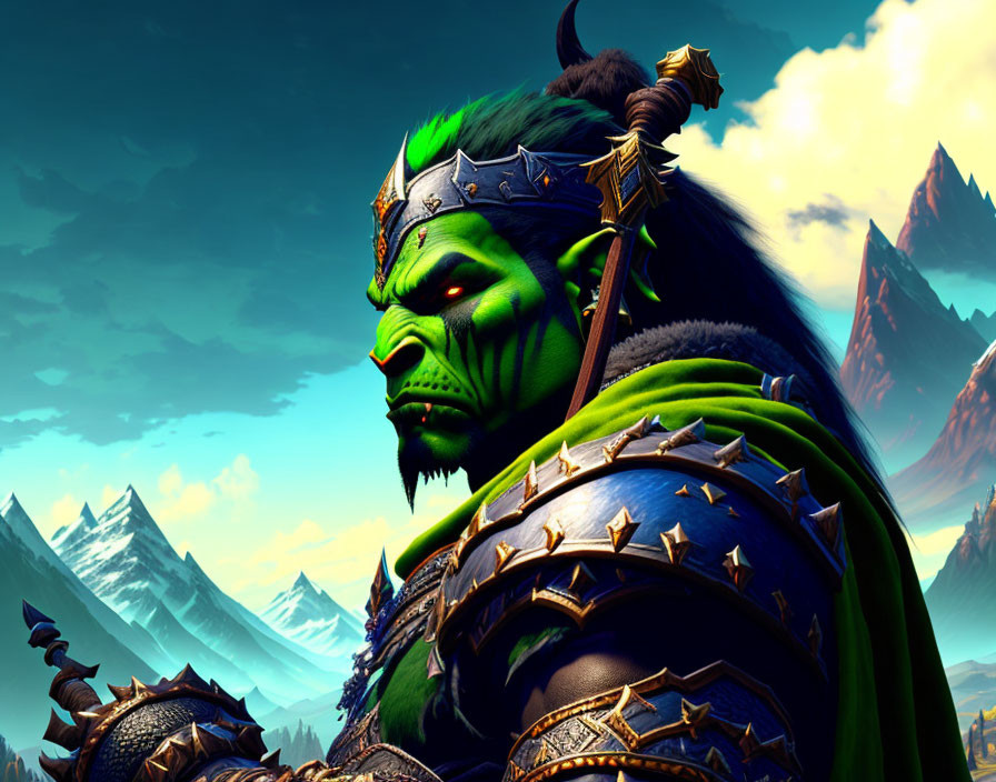 Green-skinned orc in ornate armor against mountain backdrop