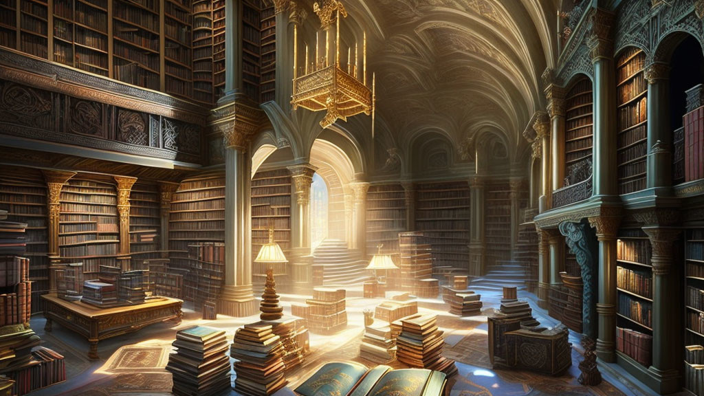 Ancient library with arched ceilings and wooden bookcases full of books