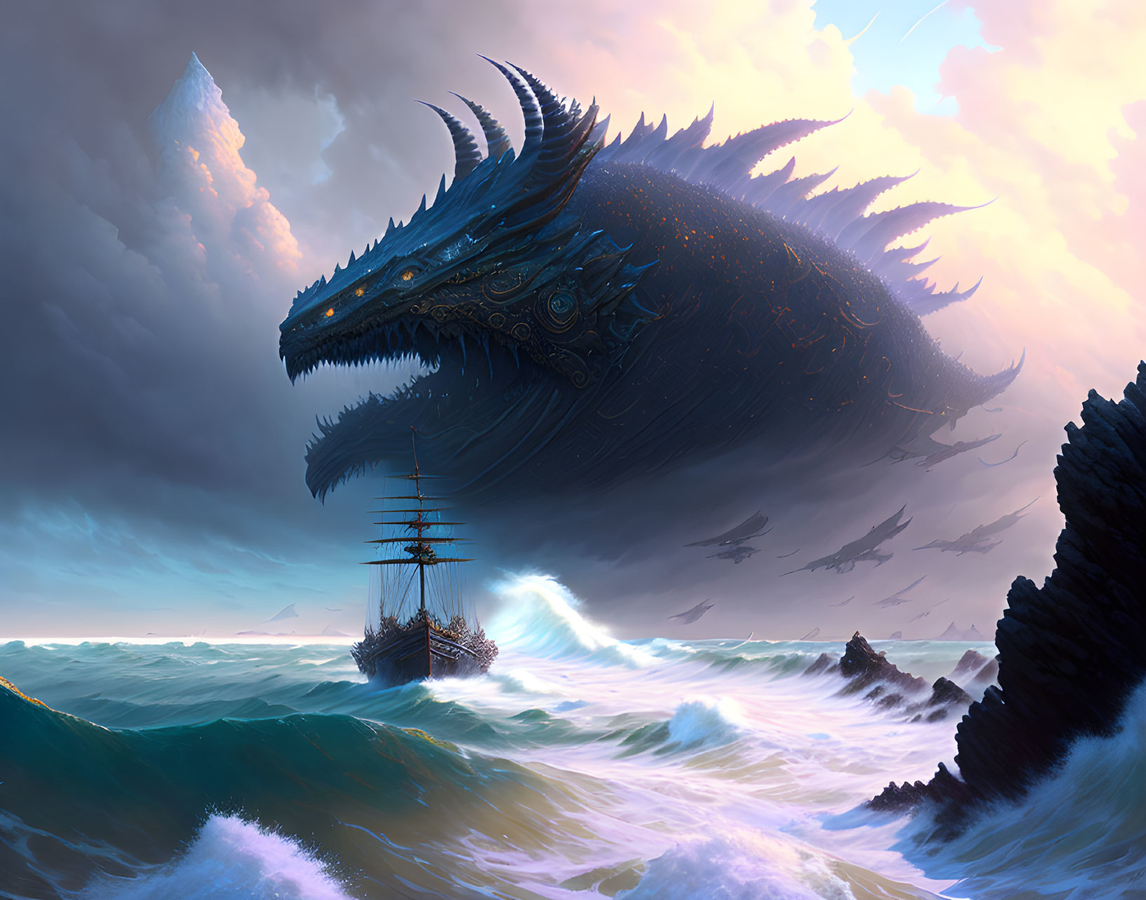 Gigantic sea dragon overlooks ship in stormy ocean.