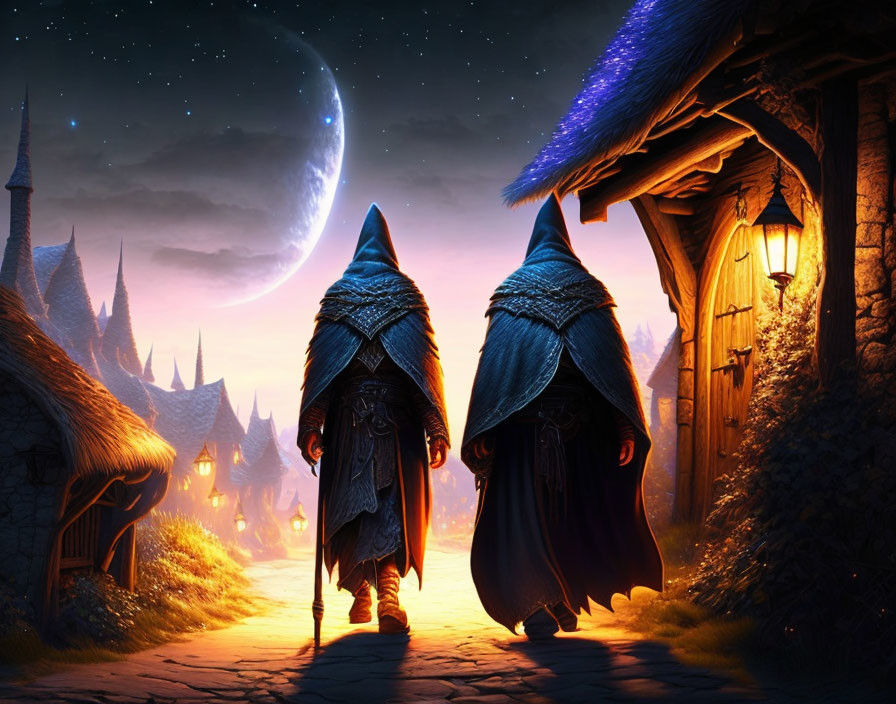 Cloaked Figures near Glowing Cottage in Village Night Scene