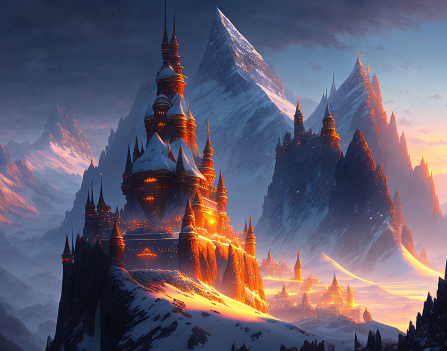 Digital artwork: Castle with spires in snowy mountain landscape at dusk