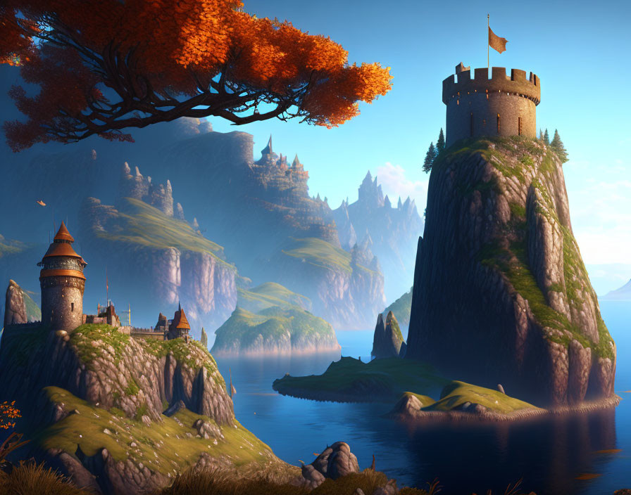 Fantasy landscape with ancient castle on cliff, misty mountains, and blue sky