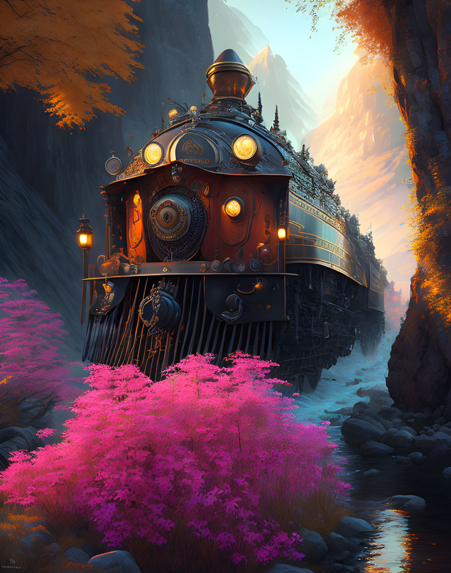 Vintage steam train in picturesque valley with pink foliage & autumn trees at sunset