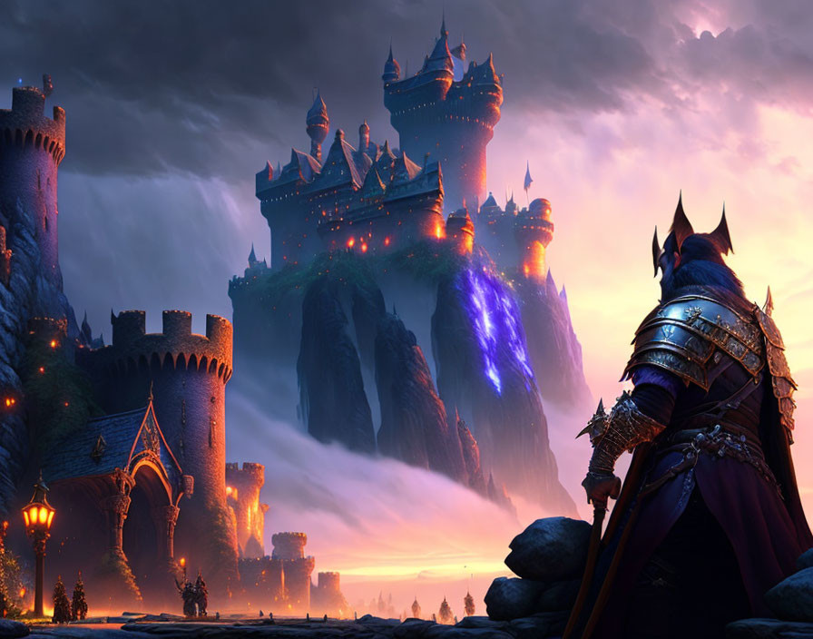 Knight in armor admires castle on cliffs at sunset with magical waterfall