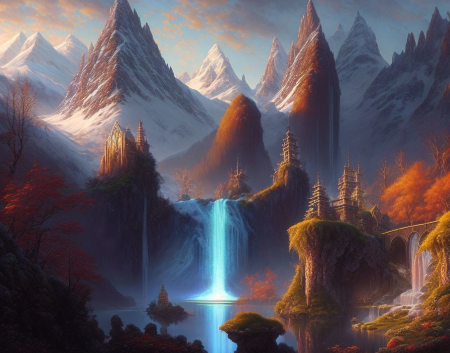 Majestic waterfall, snow-capped mountains, autumn trees, ancient castle in serene fantasy landscape