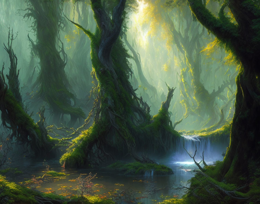 Mystical forest with moss-covered trees and serene waterfall