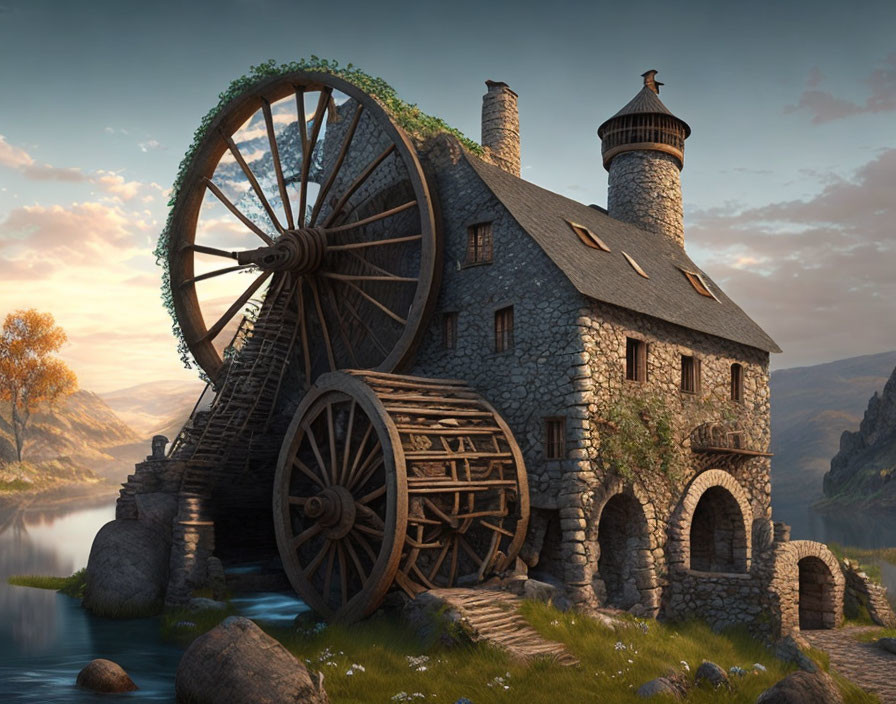 Stone Mill House with Waterwheel by Tranquil River at Sunset