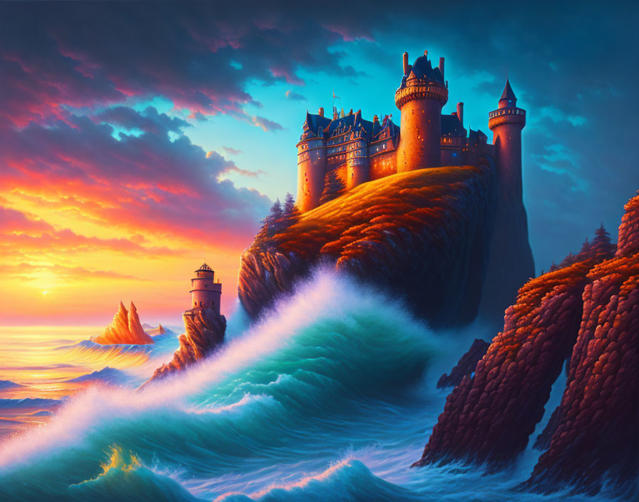 Cliff-top fairytale castle overlooking crashing waves at sunset